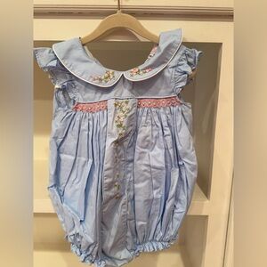 Blue Smocked bubble with Floral Embroidery